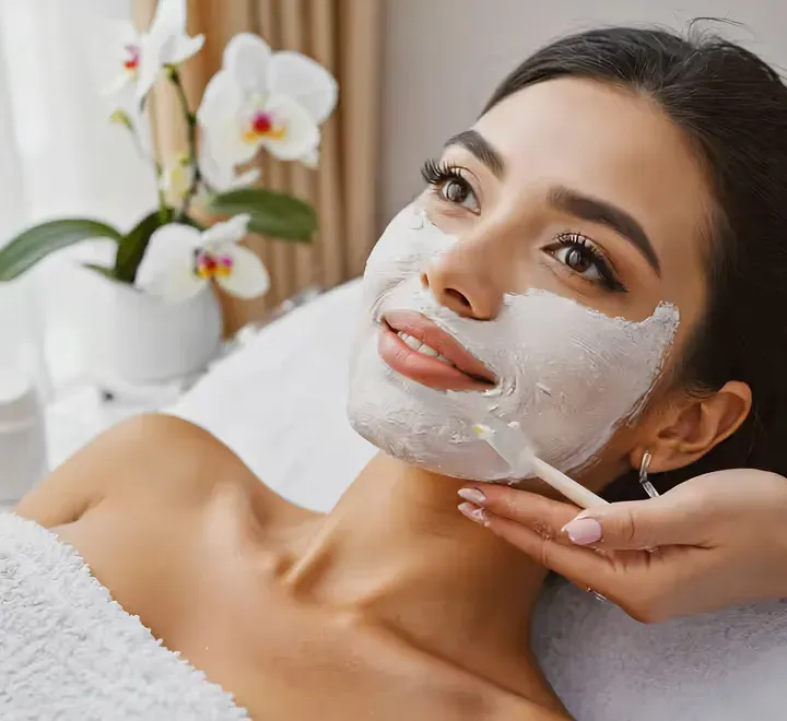 A woman relaxing during a facial with a white clay mask