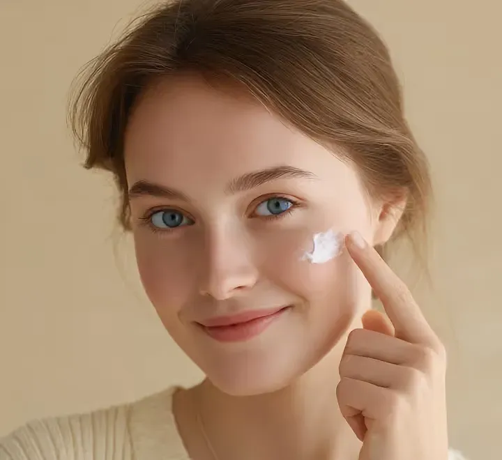 A young woman dabbing cream onto her cheek